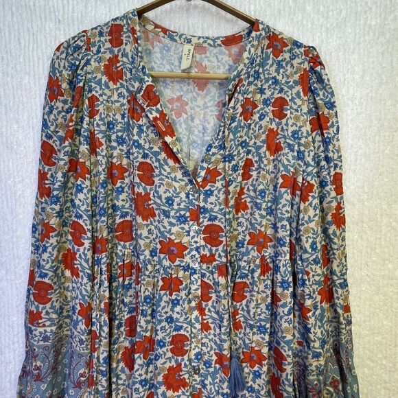 Spell Multicolor Long Sleeve V-Neck Village Button Down Midi Dress Size Small - Picture 4 of 10